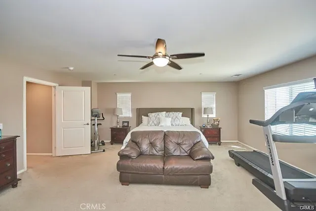 a living room with furniture and a ceiling fan