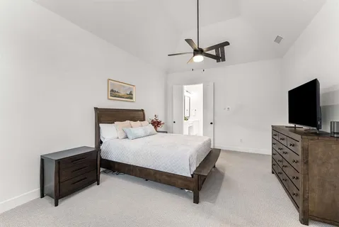 a bedroom with a bed and a flat screen tv