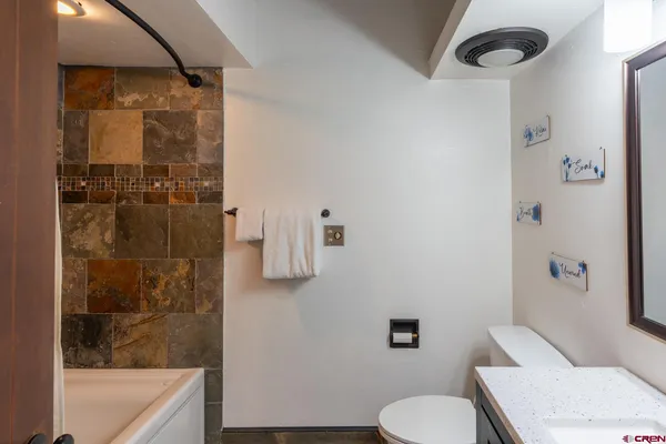 a bathroom with a shower and toilet