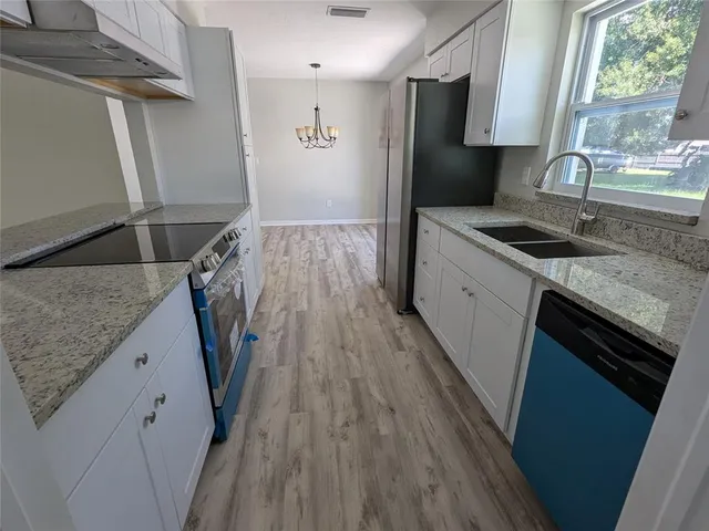 a kitchen with a sink a stove and a microwave