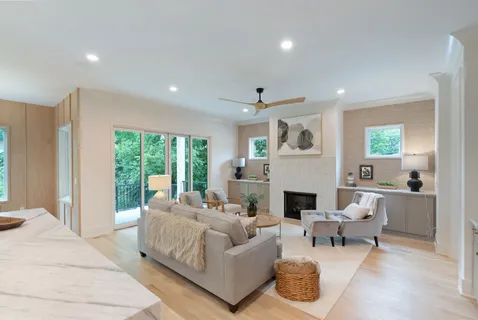 a view of a dining room with furniture