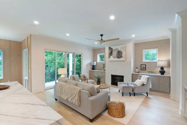 a view of a dining room with furniture