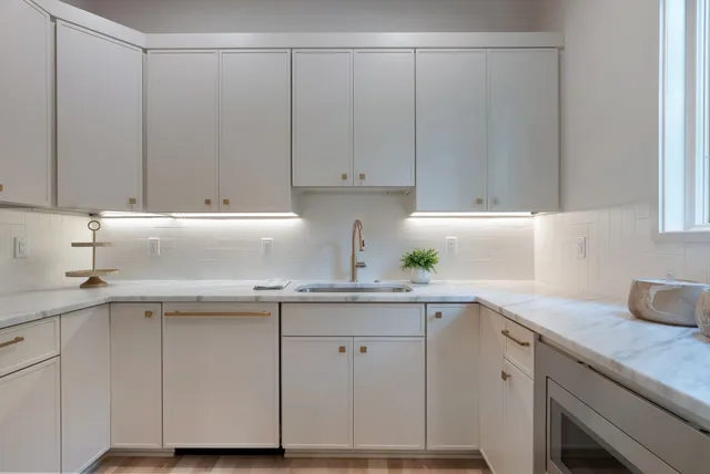 a kitchen with a sink a counter space and cabinets