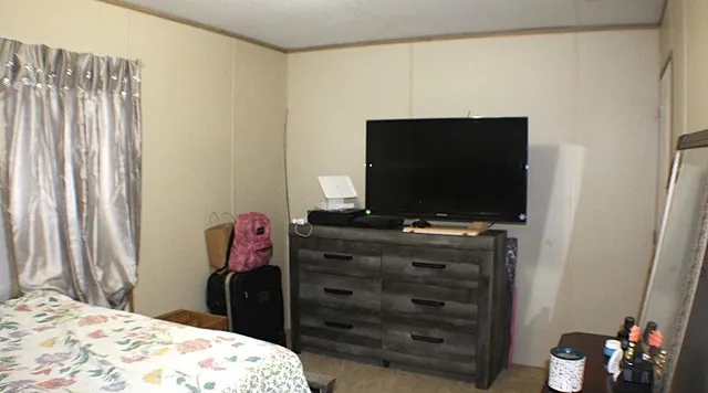 a bedroom with a bed and television