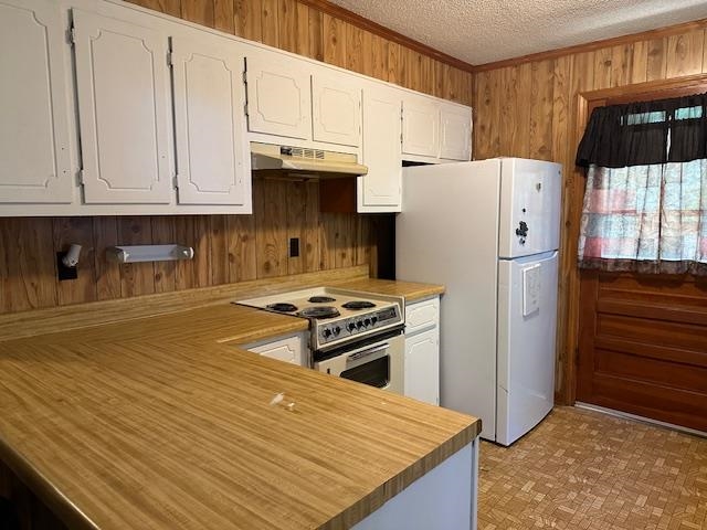 420 G B Plunk Road Selmer, TN 38375 - Photo 4 of 26 Kitchen featuring white cabinetry, a textured ceiling, wood walls, white refrigerator, and stove