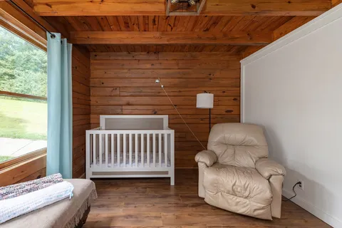 a bathroom with a shower curtain