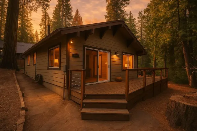a view of wooden house with a large window and wooden fence