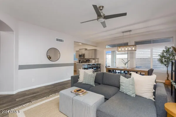 a view of a room with a potted plant and wooden floor