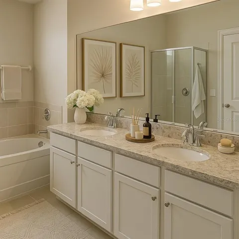 a bathroom with a tub shower and a sink