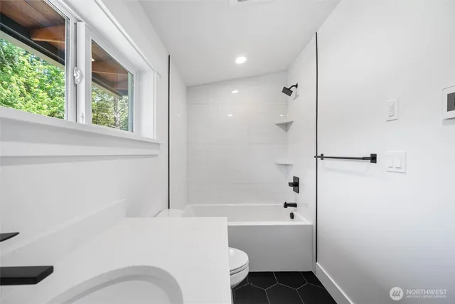 a bathroom with a sink vanity and toilet