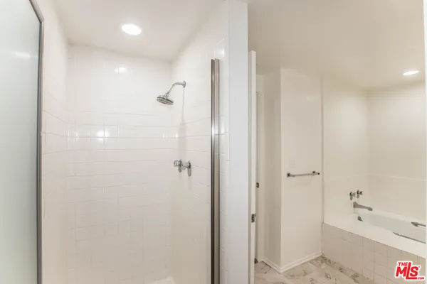 a bathroom with a bathtub and a shower