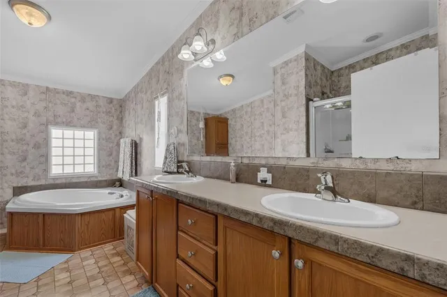 a bathroom with a granite countertop double vanity sink and a mirror