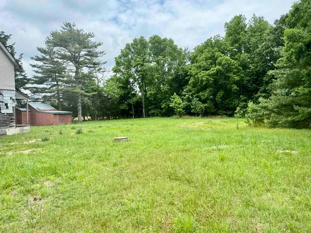 a view of green field with trees in the background