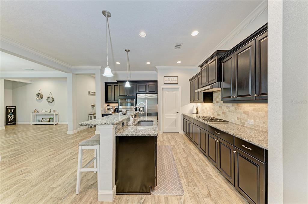 12642 Harney Street Venice, FL 34293 - Photo 15 of 85 a kitchen with stainless steel appliances kitchen island granite countertop a stove top oven a sink dishwasher a dining table and chairs with wooden floor