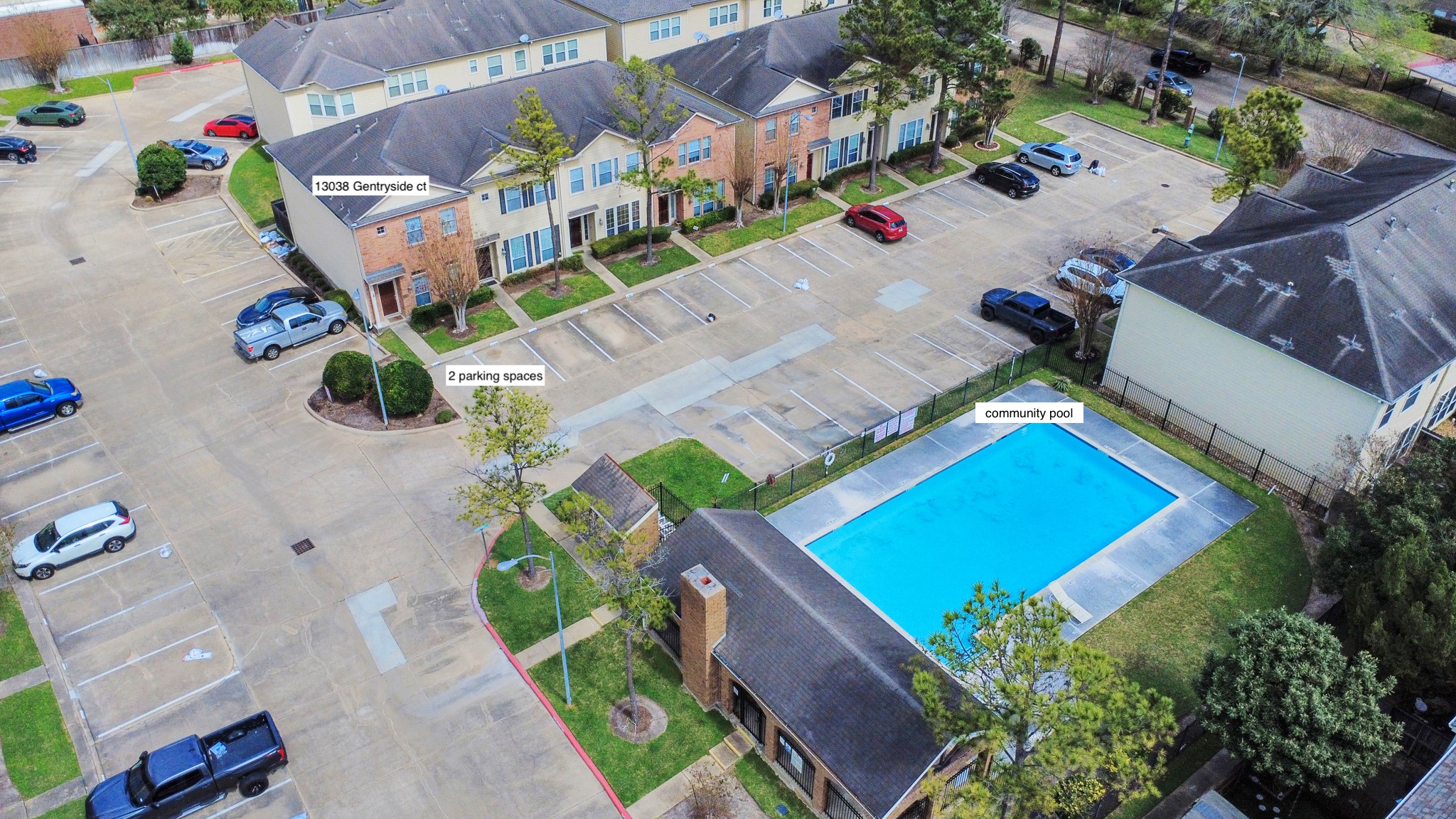 13038 Gentryside Court Houston, TX 77077 - Photo 18 of 20 overhead view highlighting the home, nearby parking, and proximity to the community pool.