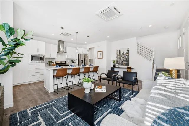 a living room with furniture kitchen view and a potted plant