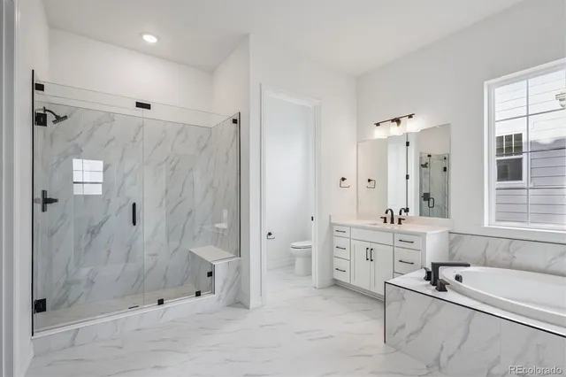 a bathroom with a granite countertop tub sink shower and mirror