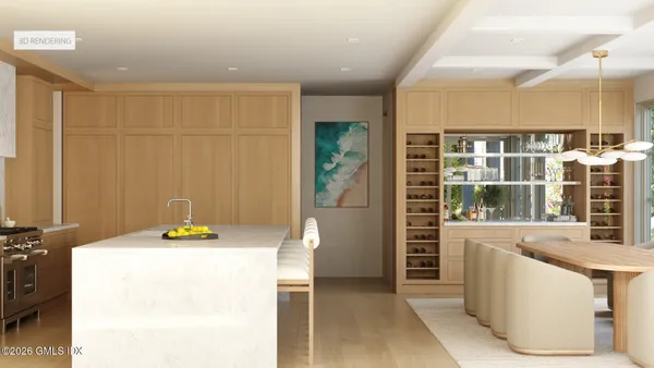 a view of kitchen with furniture and large window