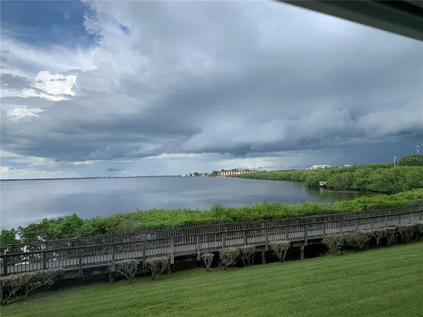 a view of a green field with an ocean