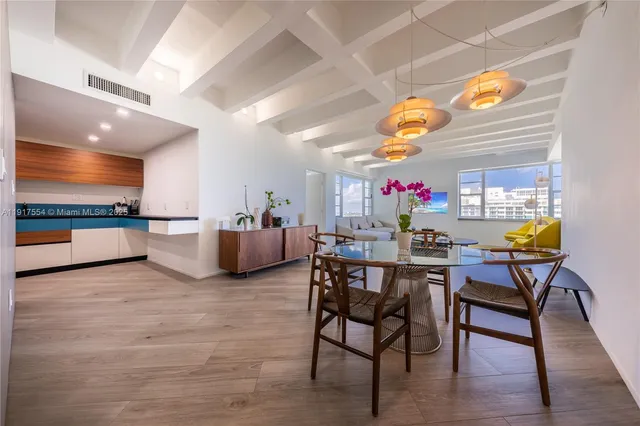 a view of a dining room with furniture