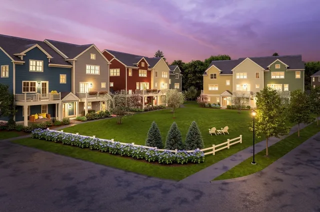 a view of a big house with a big yard and potted plants