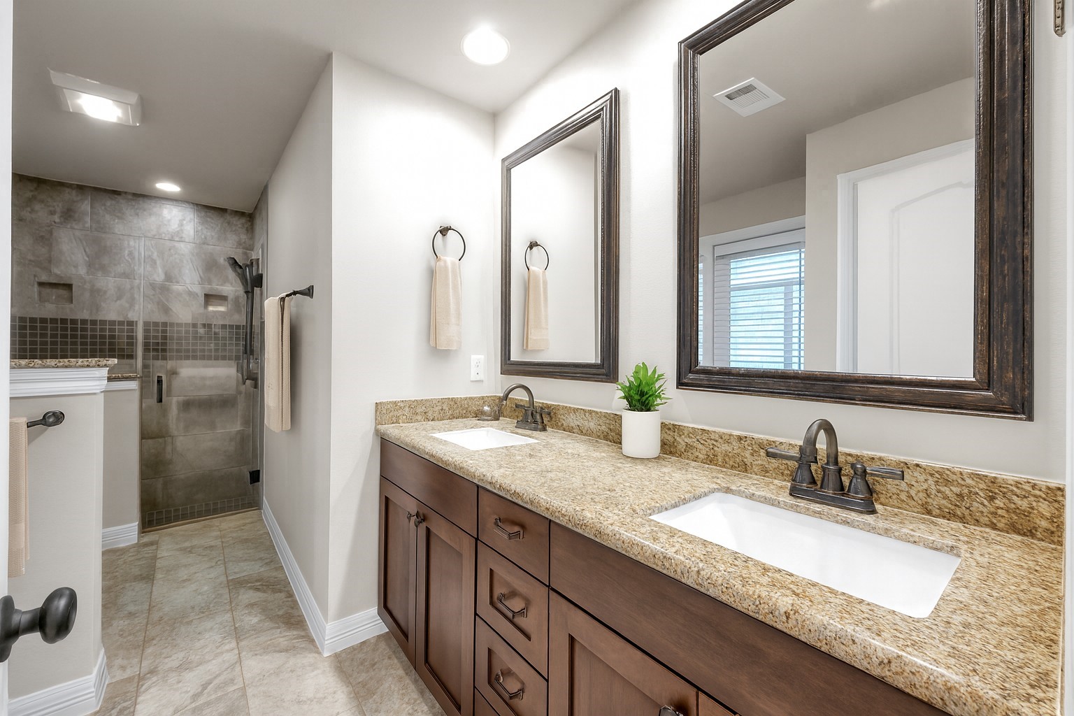 19003 Whitewood Drive Spring, TX 77373 - Photo 3 of 48 a bathroom with a granite countertop sink and a mirror