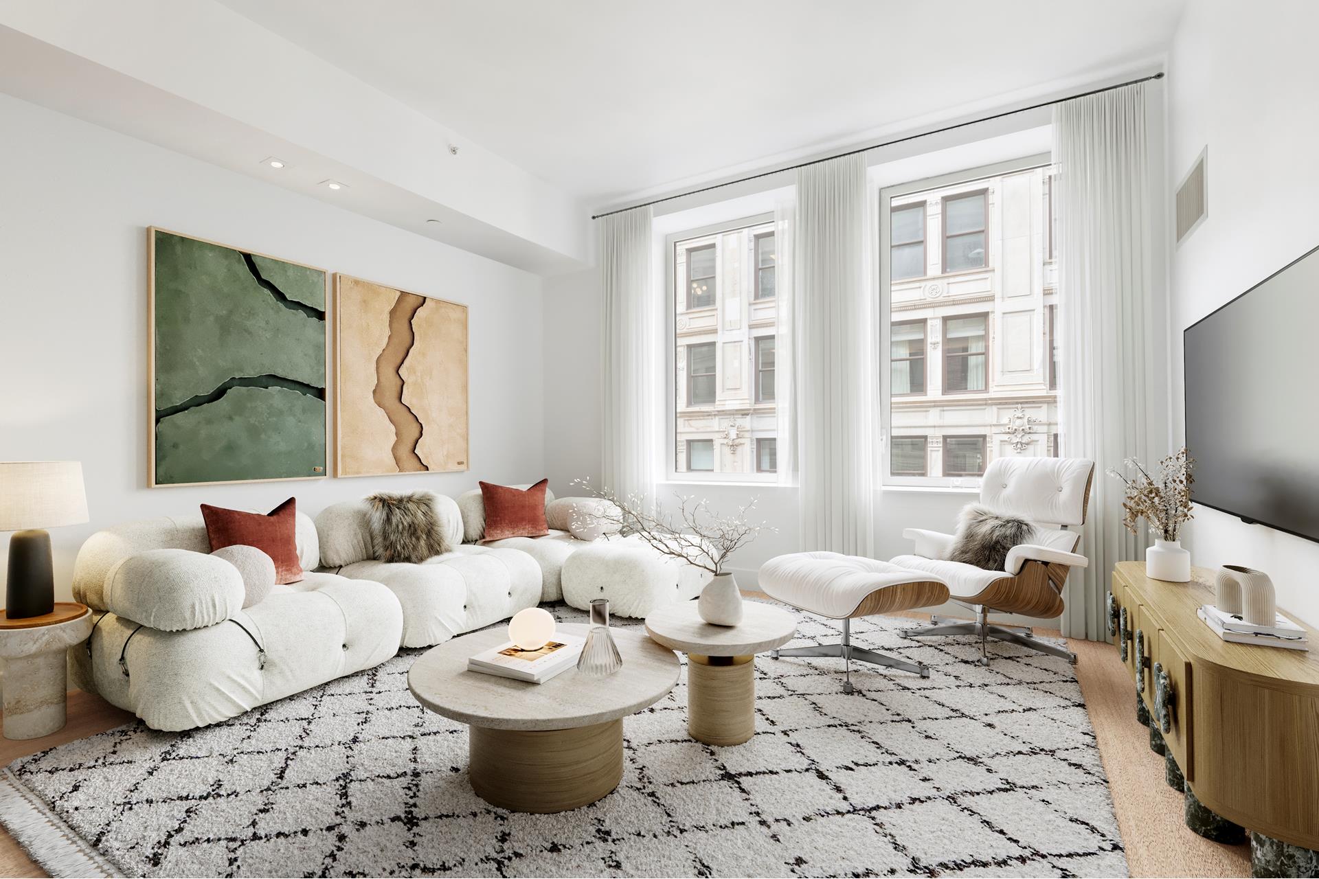 101 Leonard Street, Unit 9D Manhattan, NY 10013 - Photo 1 of 10 a living room with furniture and a flat screen tv