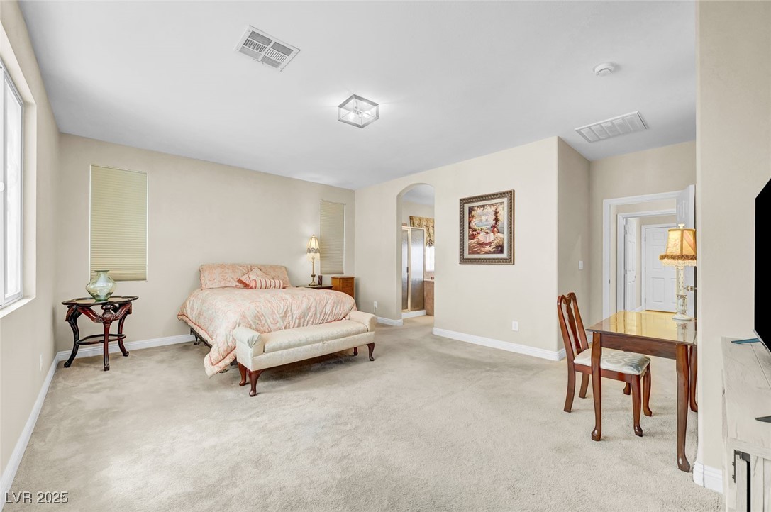 9725 Sandy Turtle Avenue Las Vegas, NV 89149 - Photo 30 of 51 Bedroom featuring arched walkways, light carpet, and ensuite bath