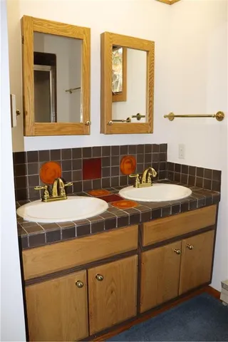 a bathroom with a sink and a mirror