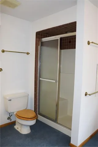 a bathroom with a toilet and a shower