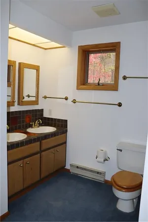 a bathroom with a toilet sink and mirror