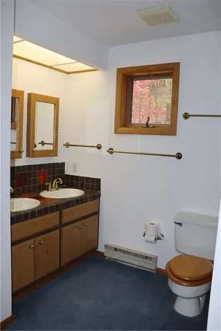 a bathroom with a toilet sink and mirror