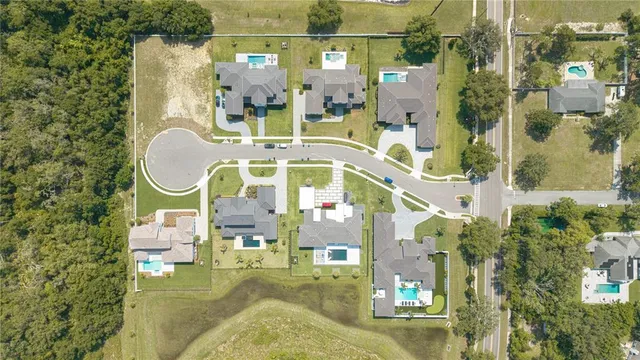 an aerial view of residential houses with outdoor space and trees
