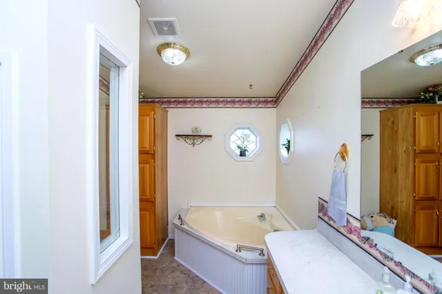 a bathroom with a tub a sink and a large mirror