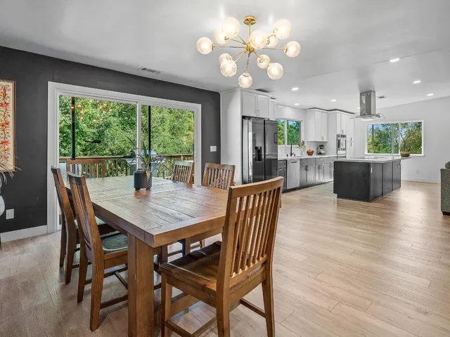 a view of a dining room with furniture