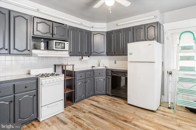 a kitchen with a white cabinets and white appliances