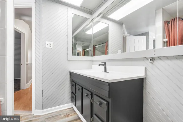 a bathroom with a sink and a mirror