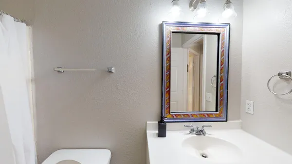 a bathroom with a sink a toilet and mirror