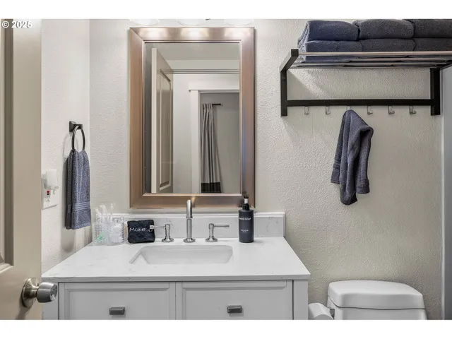 a bathroom with a sink a toilet and mirror