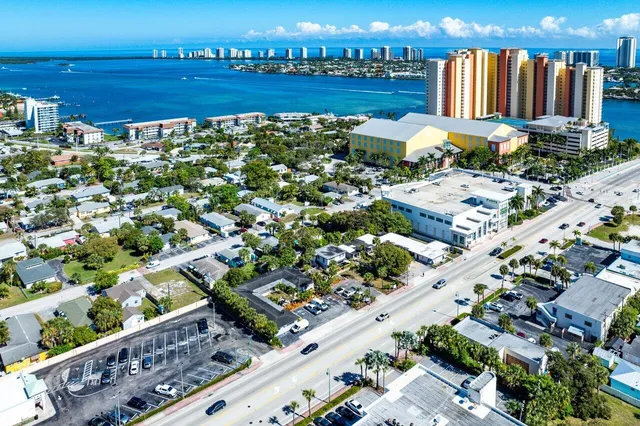 a view of a city and ocean view