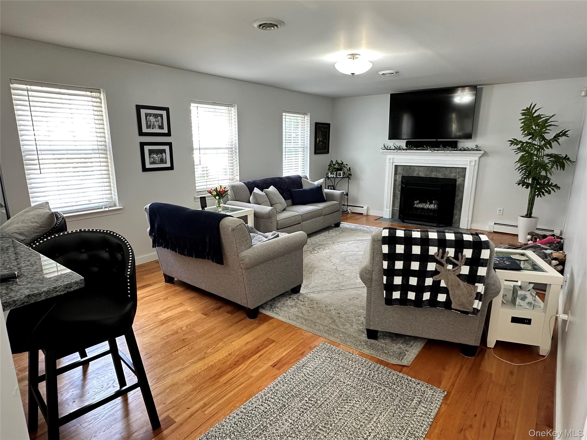 95 Weed Road Pine Bush, NY 12566 - Photo 7 of 31 Living area featuring wood-finish flooring, a fireplace with a decorative mantel, and multiple windows with blinds