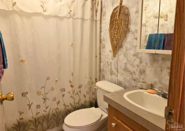 a bathroom with a toilet a sink and a shower curtain