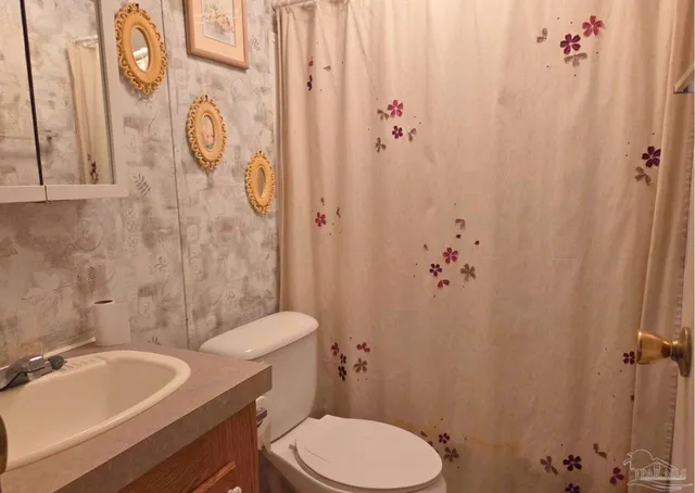 a bathroom with a sink a toilet and shower curtain