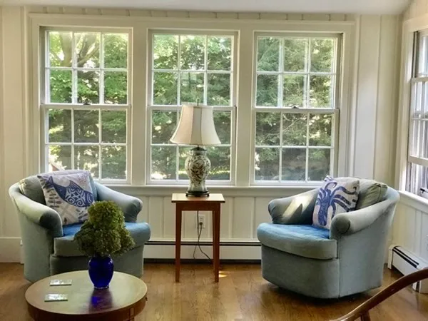 a living room with furniture and a large window