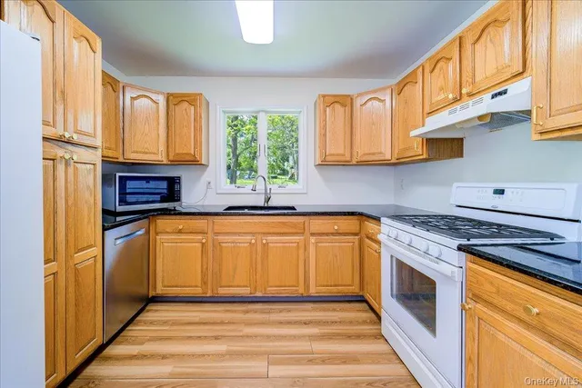 a kitchen with stainless steel appliances granite countertop a stove a sink and a refrigerator