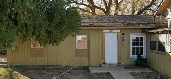 a view of a wooden door and a tree
