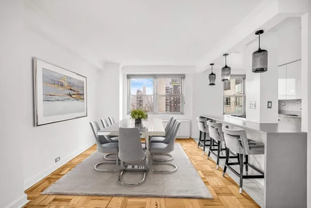 a view of a dining room with furniture