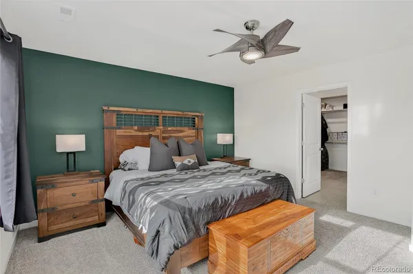 a bedroom with a bed and closet