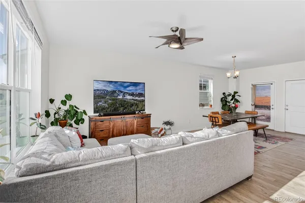 a living room with furniture and a potted plant
