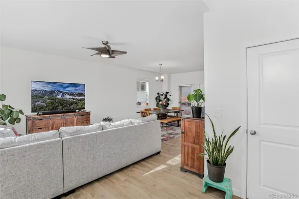a living room with furniture potted plant and a chandelier
